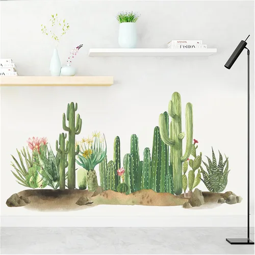 Vista 3 de Calcomanías de pared de vegetación verde de cactus, dunas de arena tropical, calcomanías de pared de plantas verdes, vinilo extraíble para sala