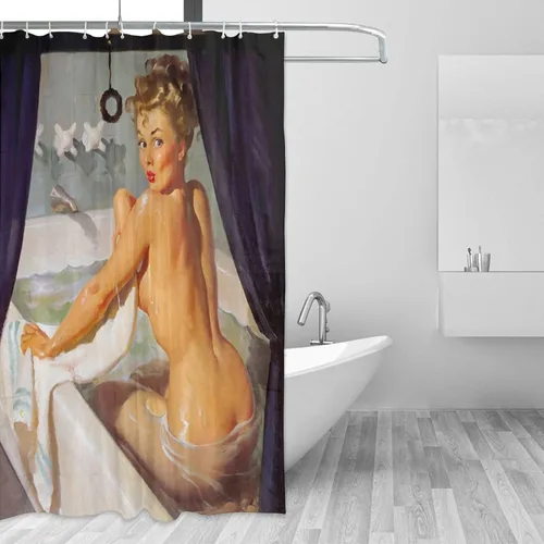 Vista 2 de FUNNY KIDS' HOME Cortinas de ducha retro con pin up para baño, pintura al óleo, arte de lienzo, decoración de baño, sexy dama bañándose