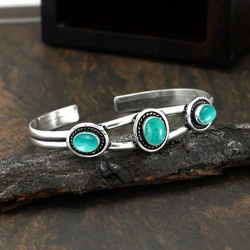 Vista 5 de Natural Three Gemstones 925 Silver Overlay Open Bangle for Women - Oval Stone Vintage Style Handmade Adjustable Cuff Bracelet Jewelry - Perfect for