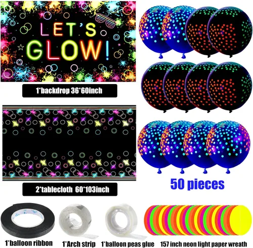 Vista 4 de 57 piezas de suministros de fiesta de neón que brillan en la oscuridad, incluyendo telón de fondo de decoración que brilla en la oscuridad