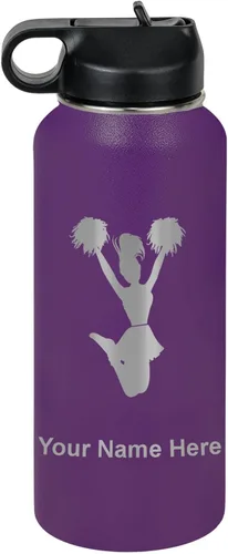Vista 55 de LaserGram Botella de agua con tapa abatible de doble pared de 12 onzas con pajita, animadora, grabado personalizado incluido (negro)