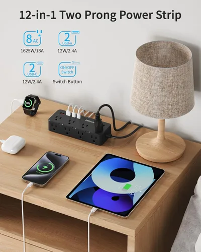 Vista 3 de DEPOW Regleta de alimentación negra de 2 puntas, adaptador de salida de 2 a 3 clavijas con 8 puertos de CA y 4 puertos USB (2 USB C), cable