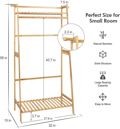 Vista 8 de Ufine Estante de ropa de bambú con estante de almacenamiento Soporte de ropa portátil para dormitorio habitación de invitados