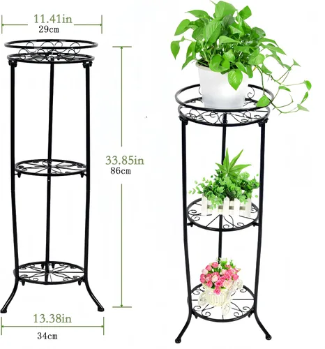 Vista 5 de FAMZ Soporte para plantas para interiores y exteriores, 3 niveles de alto, soportes de metal negro para plantas, estante redondo de 35 pulgadas