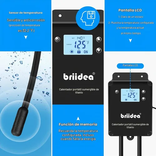 Vista 4 de briidea - Calentador de agua de inmersión de titanio de 1500 W con termostato, calentador líquido totalmente sumergible con sensor de temperatura