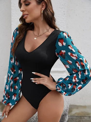 Vista 4 de WDIRARA Body de manga larga con cuello en V y estampado floral para mujer