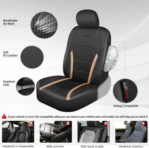 Vista 3 de CAR-GRAND Fundas de asiento de automóvil de cuero solo delanteras, fundas de asiento de malla de aire transpirable, protector de asiento universal