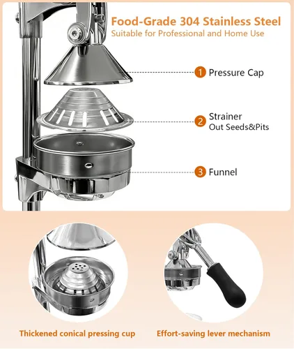Vista 6 de Exprimidor manual profesional de mano – Exprimidor de cítricos de acero inoxidable resistente para naranja, limón y granada con base estable y taza