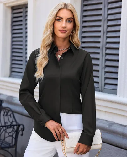 Vista 8 de siliteelon Camisas con botones para mujer: ajuste clásico, resistente a las manchas, manga larga, sin arrugas, oficina de negocios