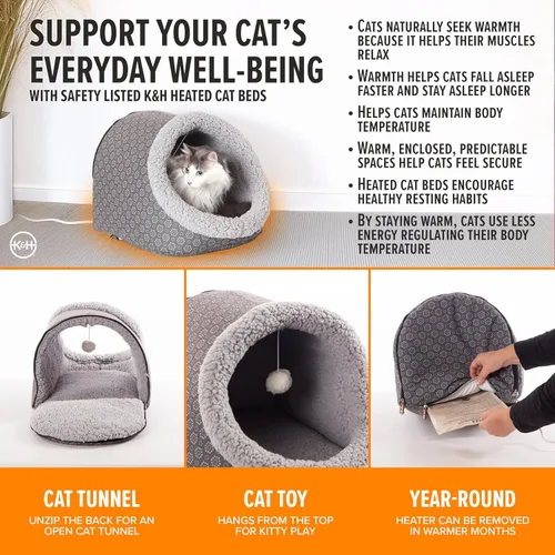 Vista 3 de K&H Pet Products Cama térmica para gatos, cueva térmica para gatos grandes, cama climatizada para mascotas para perros y gatos, tienda de campaña