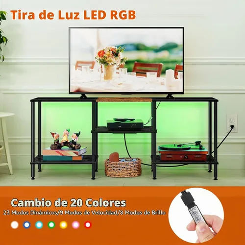 Vista 4 de Soporte de TV LED para dormitorio, soporte de TV negro de 50 pulgadas con toma de corriente, centro de entretenimiento pequeño de 3 niveles