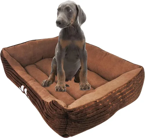 Vista 8 de long rich Happycare Textiles - Cama rectangular reversible para mascotas con estampado de patas de perro, color café nuevo Patrón de pana marrón