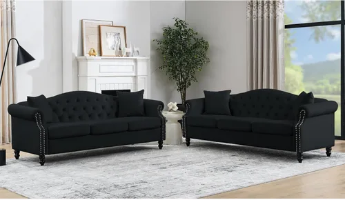 Vista 21 de Juego de Sofá Combinado de Terciopelo Chesterfield de 2 Piezas para Sala de Estar, Sofá de 3 Plazas y Loveseat con Tapizado Capitoné con 4