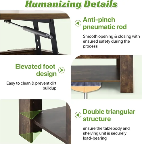 Vista 7 de Mesa de centro elevable con almacenamiento oculto, diseño moderno de elevación de 39.4 pulgadas, escritorio convertible de comedor y portátil