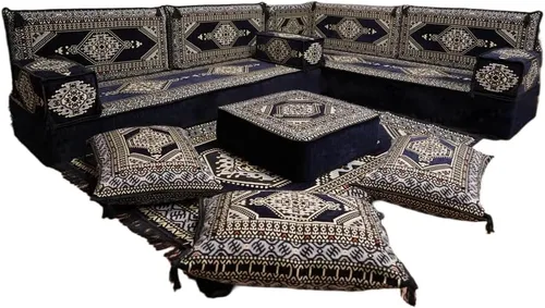 Vista 105 de arabicsofa Juego de asientos Jalsa en forma de L – Majlis árabe hecho a mano con almohadas de respaldo