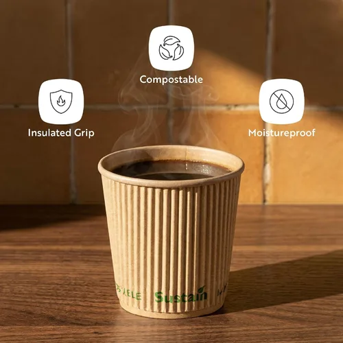 Vista 4 de Restaurantware Tazas de café de papel de 4 onzas, paquete de 25 tazas aisladas de pared ondulada, para bebidas calientes, papel kraft resistente a