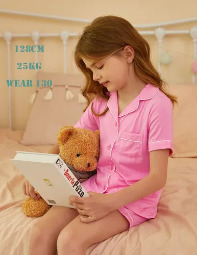 Vista 3 de luxilooks Conjunto de pijama de manga corta para niños y niñas de 2 piezas, ropa de dormir suave con botones, ropa de dormir de verano
