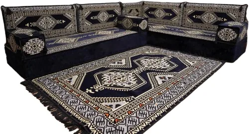 Vista 62 de arabicsofa Juego de asientos Jalsa en forma de L – Majlis árabe hecho a mano con almohadas de respaldo