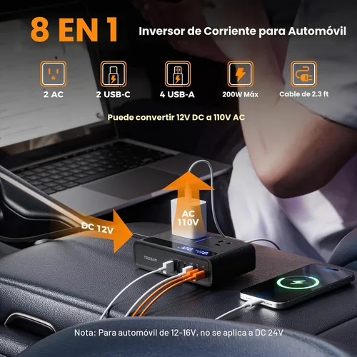 Vista 2 de Inversor de corriente del coche de TESSAN 200W, 36W USB C cargador de coche adaptador de carga rápida Converter with 2 AC Outlets & 6 USB Ports