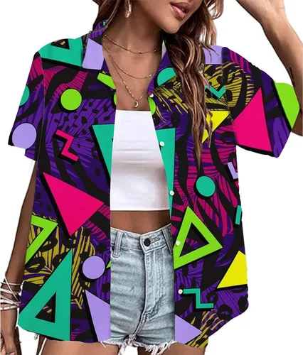 Vista 2 de Trajes de los años 80 y 90 para mujer, camiseta temática de fiesta de los años 80, camisas hawaianas con botones de los años 90, camisetas retro