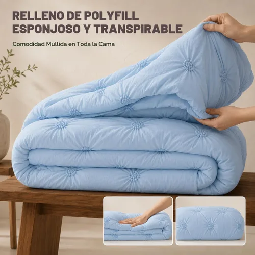 Vista 6 de Swift Home, juego de edredón tamaño individual y individual XL, azul bebé, juego de ropa de cama con pinzas florales 3D arrugadas - 2 piezas de ropa