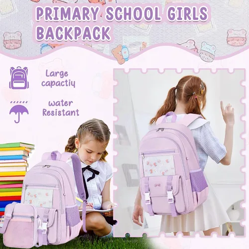 Vista 2 de Bluboon Mochila para niñas y niños con lonchera de mármol para escuela escolar para jardín de infantes y escuela primaria, Púrpura, Mochilas Daypack