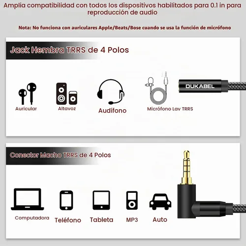 Vista 2 de DUKABEL Cables de extensión para auriculares, 1.2 metros (4 pies) con ángulo recto de 3.5mm TRRS para auriculares con micrófono y extensión de Negro