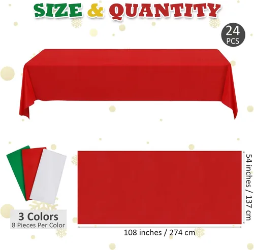 Vista 2 de durony 24 manteles de plástico desechables de color rojo, verde y blanco, impermeables, para Navidad, 54 x 108 pulgadas, manteles decorativos