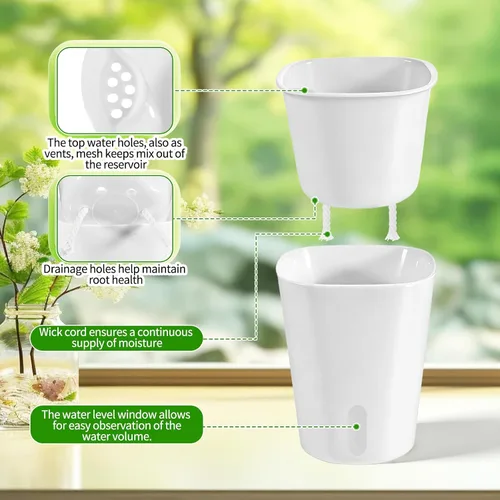 Vista 3 de 10 juegos de macetas de riego automático de 4 pulgadas para plantas de interior, macetas de plástico con riego automático con nivel visual de agua