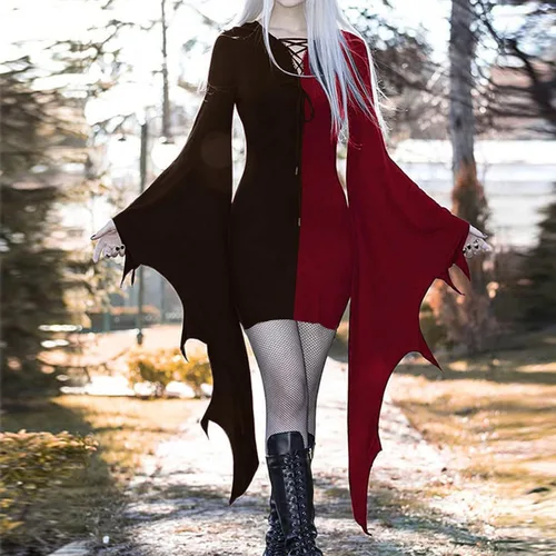 Vista 2 de Disfraces de Halloween para mujer, vestido sexy de manga murciélago, gótico, vintage, mini vestido cruzado, vestido de fiesta de manga larga