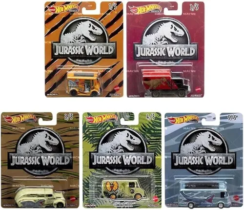Vista 7 de Hot Wheels Jurassic World 2022 Premium Pop Culture Paquete completo de 5 unidades (DLB45‑946Q) Mosasaurus Bus, panera 'azul', T‑Rex Unimog, flujo
