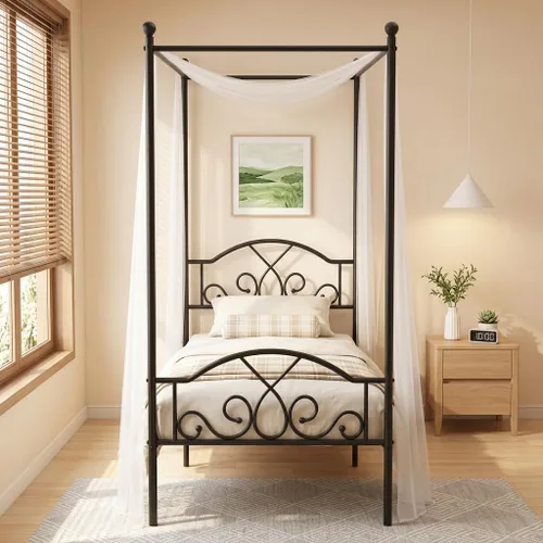 Vista 14 de Weehom - Base de cama con dosel tamaño queen con cabecera y estribo, base de colchón de plataforma metálica con cuatro postes, almacenamiento debajo