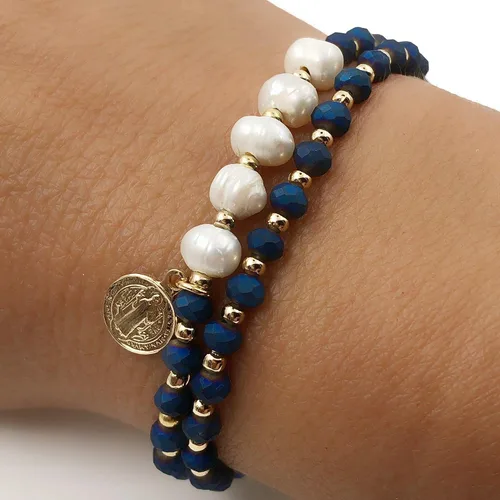 Vista 4 de Elegante joyería para mujer con medalla de San Benito ajustable hecha a mano pulsera conjunto de dos