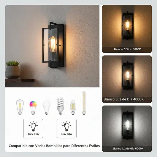 Vista 2 de Lámpara de baño de 1 luz, aplique de pared negro mate con pantalla de vidrio transparente, lámpara de pared interior con base E26 para espejo, sala