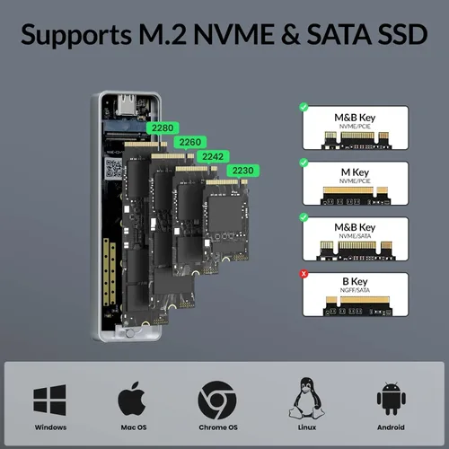 Vista 4 de Carcasa M.2, carcasa NVMe de 10 Gbps y carcasa SATA NGFF de 6 Gbps, llave M PCIe (llave B+M), USB3.1 Gen2 con cable de 5.9 pulgadas compatible