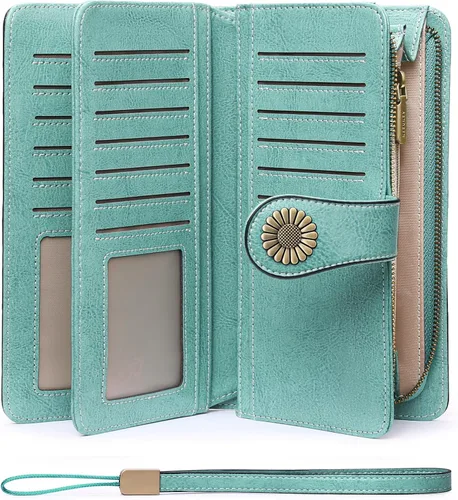 Vista 22 de SENDEFN Billeteras de cuero para mujer, tarjetero de crédito con bloqueo RFID, pulsera de gran capacidad with RFID Blocking, Large Capacity