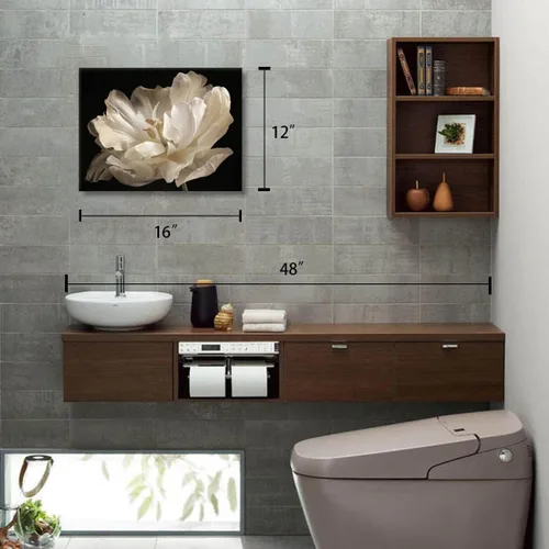 Vista 2 de Decoración de baño negro, tulipán blanco sobre fondo negro, arte moderno en lienzo para decoración de baño, arte de pared de baño, ilustraciones