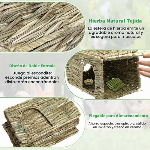 Vista 3 de Tfwadmx Rabbit Grass House - Cama de heno tejida a mano natural de hierba marina, juguete de cabaña escondida para conejito, hámster, conejillo