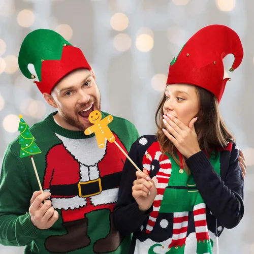 Vista 6 de SATINIOR 6 Piezas Sombreros de Fieltro de Elfo de Navidad Xmas Sombreros de Elfo de Santa Rojo y Verde con Campanas para Niños Adultos Regalos