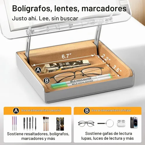 Vista 3 de Soporte para libros con almacenamiento, soporte para libros para lectura con manos libres, soporte de madera para libros de cocina para encimera