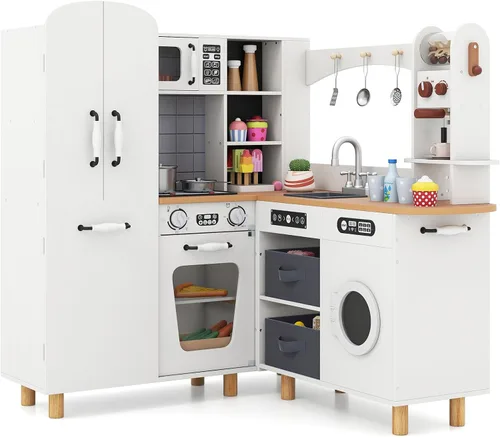 Vista 11 de INFANS Juego de cocina para niños con agua corriente real, juego de cocina de esquina de madera con luz de simulación de sonido y estufa