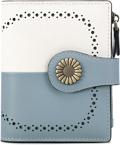 Vista 6 de SENDEFN Cartera pequeña de cuero plegable para mujer, con bloqueo RFID y bolsillo para monedas con cremallera, 5-Azul y blanco, Cartera pequeña