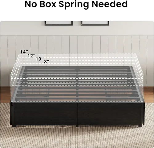 Vista 7 de LIKIMIO Queen Bed Frame with 4 Storage Drawers, Black Queen Size Platform Bed, Heavy Strong Metal Support, Solid Stable, Noise-Free, No Box Spring