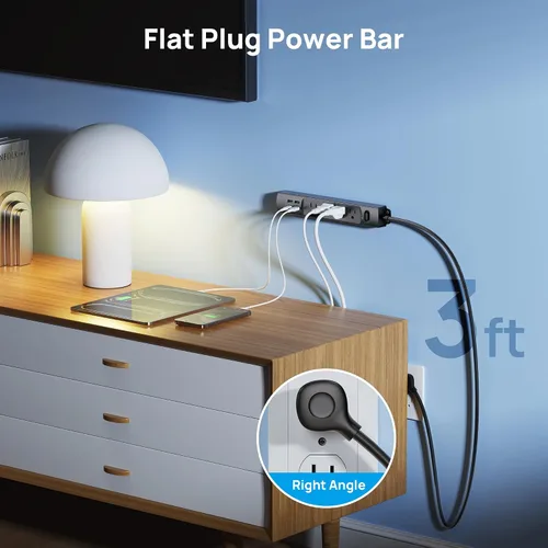 Vista 3 de TROND Regleta de protección contra sobretensiones con USB, enchufe plano ultrafino, cable de extensión de 3 pies de 1625 W, 3 USB A y 1 tipo C, 4