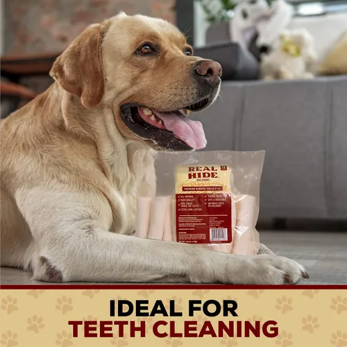 Vista 4 de Real Hide Natural Premium - Rollo de cuero crudo masticables para perros, 5-6 pulgadas, 16 unidades Golosinas naturales para masticar, piel de res