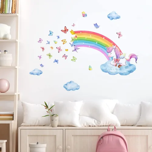 Vista 6 de Runtoo Calcomanías de pared de unicornio rosa arcoíris para niñas, dormitorio, bebé, guardería, habitación de niños, decoración de fiesta de 2