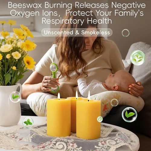 Vista 4 de Velas de pilar de cera de abeja natural, no tóxicas, 2 x 3 pulgadas, paquete de 6, 192 H de combustión larga Amarillo