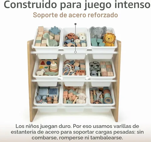 Vista 5 de Humble Crew Organizador de juguetes para niños con 9 contenedores Madera natural/blanco