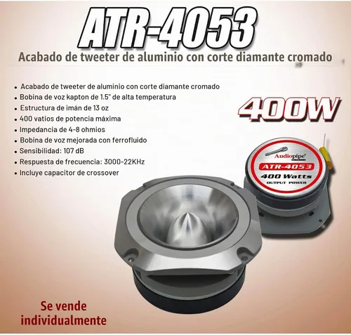 Vista 4 de Audiopipe 2 tweeters estéreo de audio para coche ATR-4053 400W 4-8 ohmios de aluminio cromado