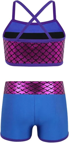 Vista 2 de Agoky Conjunto de 2 piezas de camiseta sin mangas de sirena con lentejuelas y pantalones cortos para niñas pequeñas y grandes, tankini traje de baño